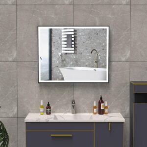 LEO 1000x800mm Stačiakampis veidrodis su juodu matiniu rėmu / LED apšvietimas iš priekio