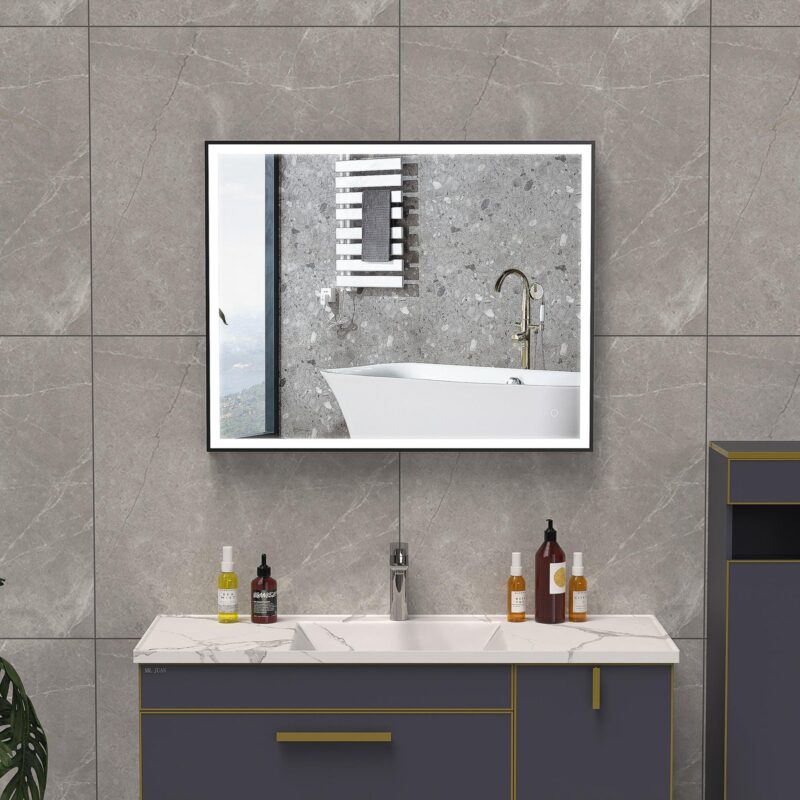 LEO 1200x800mm Stačiakampis veidrodis su juodu matiniu rėmu / LED apšvietimas iš priekio